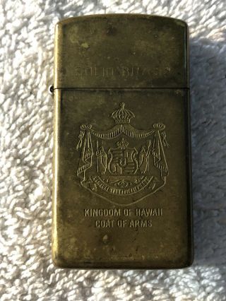 Vintage Solid Brass Slim Zippo Lighter - Kingdom Of Hawaii Coat Of Arms