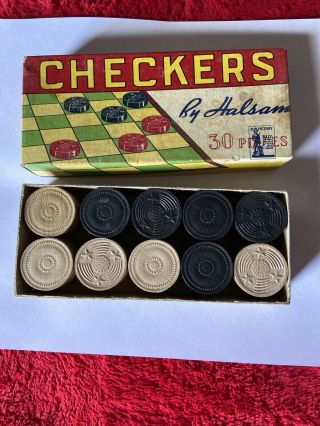 Vintage World War Ii Era Halsam Wooden Checker Set 30 Piece W/original Box