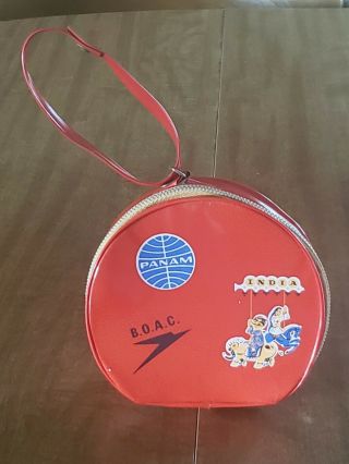 Vintage Red Vinyl Zippered Pan Am Airways B.  O.  A.  C.  India Purse Sewing Kit