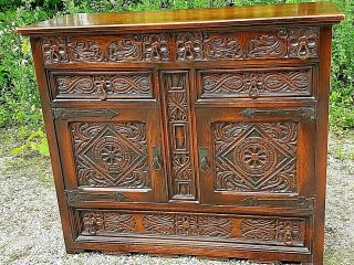 Rare Wood Carved Ornate Antique Tudor Arts & Crafts Cabinet Breakfront Buffet