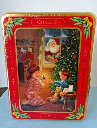 Vintage 1992 Oreo " Waiting For Santa " Christmas Cookie Tin