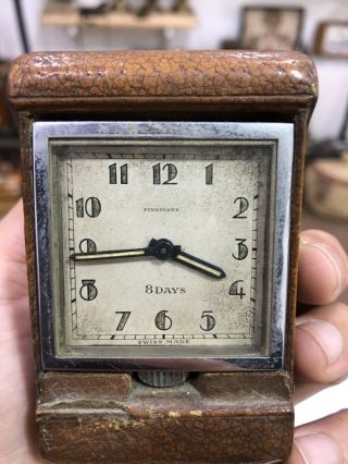 Old Vintage Finnigans 8 Days Travel Clock With Brown Leather Cover