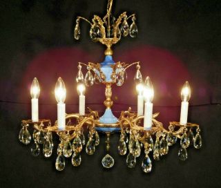 Antique French Empire Brass 6 Arm 6 Lite Imperial Blue Lead Crystal Chandelier