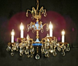 ANTIQUE French Empire Brass 6 Arm 6 Lite Imperial Blue Lead Crystal Chandelier 2