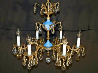 ANTIQUE French Empire Brass 6 Arm 6 Lite Imperial Blue Lead Crystal Chandelier 3