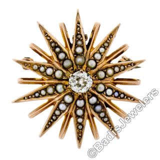 Antique Victorian 14k Gold 0.  45ct Diamond & Pearl Starburst Brooch Pin Pendant