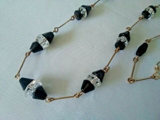Vintage Art Deco French Jet & Crystal Bead Necklace 18 " Mounted On Rolled Gold