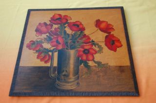 Vintage 1930s Prestonia Poker Work Woodware Floral Panel
