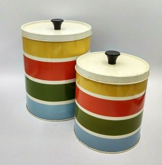 Vintage Set 2 Colorful Striped Tin Lidded Metal Kitchen Canisters
