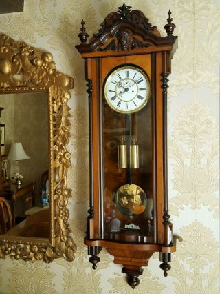 Antique 2 weight striking Vienna regulator wall Clock.  Walnut case 3