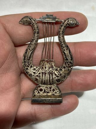 Vintage Silver Filigree Miniature Doll House Furniture Harp Musical