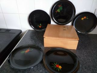 Vintage Set Of Lacquer Wood Plates With Wooden Box