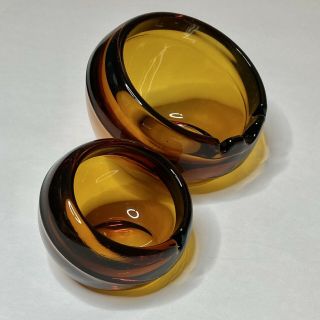 2 Vintage Ashtrays Mid Century Modern Amber Heavy Glass Orb Ball