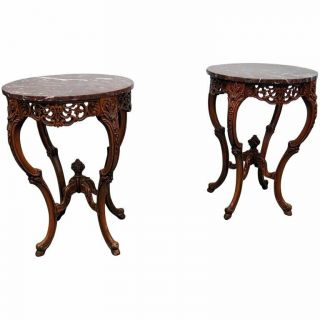 Best Pair Carved Walnut French Louis Xvi Rouge Marble Top End Occasional Tables