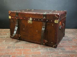 Finest Antique Leather Handmade Belted Coffee Table Trunk Interiors
