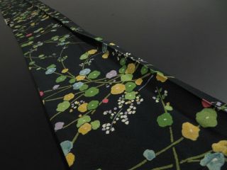 1d08z40 Vintage Japanese Kimono Silk Fabric Black Plum Branch 55.  9 "