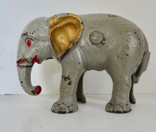 Antique/vintage Hubley Cast Iron Elephant Bank,  Grey Paint With Red And Gold