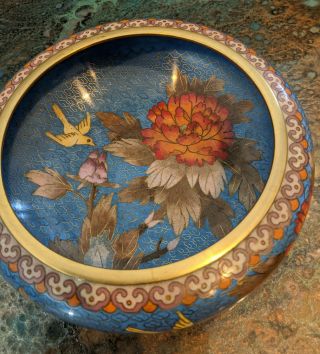 Antique Vintage Chinese Cloisonne Blue Enamel Brass Bowl Chrysanthemum Flowers