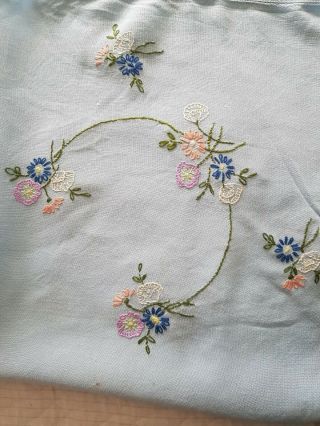 Vintage Hand Embroidered Irish Linen Blue Tablecloth.  Cottage Garden Bouquets