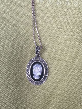 Vintage 925 Silver Onyx Marcasite Cameo Pendant Necklace On Silver Chain 20”