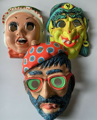 3 Vintage Halloween Masks Witch,  Man,  Lady As - Is