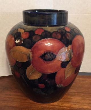 Large Antique Moorcroft 10” Bulbous Vase Pomegranate Pattern On Cobalt Stunning