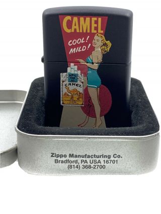 Rare Vintage Camel Zippo Cigarette Lighter Cool Mild Pin Up Girl Black 1996 Tin