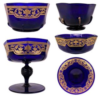 Antique 19thc Venetian Murano Blown Glass Purple Cobalt Gilt 50pcs Set Bowl Cups
