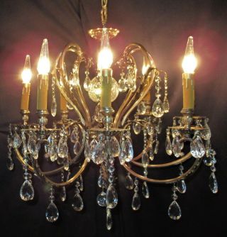 Vtg Antique French Cast Brass Crystals 8 Bulbs Chandelier Ceiling Fixture 1950 