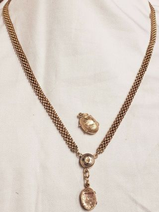 Victorian Solid 14k Gold Mesh Black Enamel Flower Necklace 2 Lockets 22.  69g
