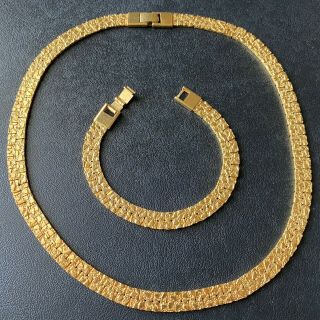 Vintage Textured Gold Tone Retro Necklace & Bracelet Set 100