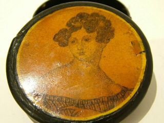 Unusual Antique Early Round Papier Mache Snuff Box Printed Lady Beauty 333