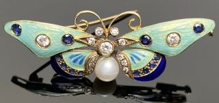 Antique 18k Yellow Gold Diamond Sapphire Guilloche Enamel Butterfly Brooch Pin