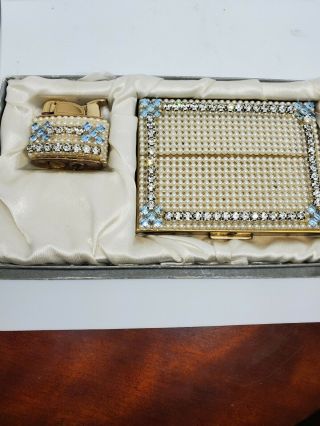 Vintage Lighter And Cigarette Case Set Rhinestone And Pearl