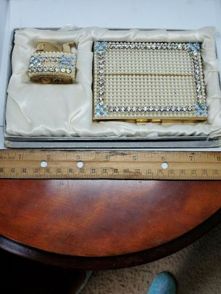 Vintage Lighter And Cigarette Case Set Rhinestone And Pearl 2