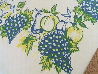 Vintage Blue Yellow Fruit Tablecloth 62 X 52 Cherry Apple Pear Grapes & More