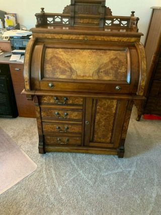 Antique Oak & Burl Secretary Barrel Roll Top Desk