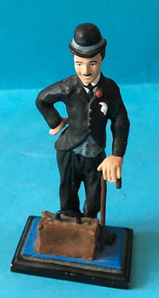 Vintage Metal Charlie Chaplin Figure With Cane & Suitcase On Base,  Hand Painted