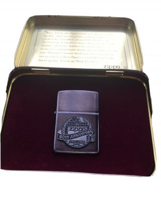 1992 Zippo 60th Anniversary " Nickel Finish " Cigarette Lighter With Tin