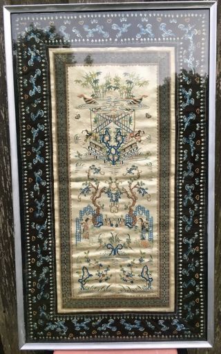 Antique Chinese Framed Pair Silk Hand Embroidered Robe Cuff Sleeve Bands