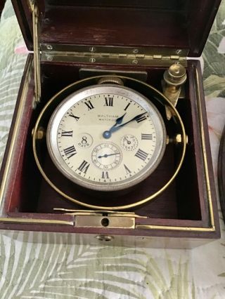 ANTIQUE WALTHAM WATCH CO.  8 DAY MARINE CHRONOMETER AND MAHOGANY BOXES 506 2