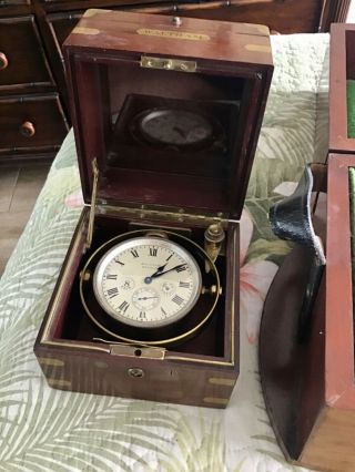 ANTIQUE WALTHAM WATCH CO.  8 DAY MARINE CHRONOMETER AND MAHOGANY BOXES 506 3