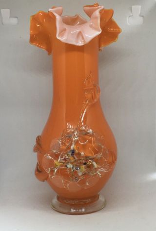 Vintage Murano Vivid Orange Cased Glass Vase With Applied Flowers C1960 - 70s 8”