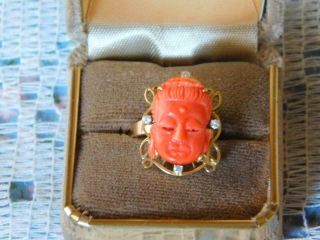 Red Pink Coral Ring Buddha Rare Vintage Diamond Size 6.  5 14k 5 Grams