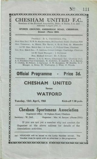 Vintage & Scarce Friendly Football Programme Chesham United V Watford 1965