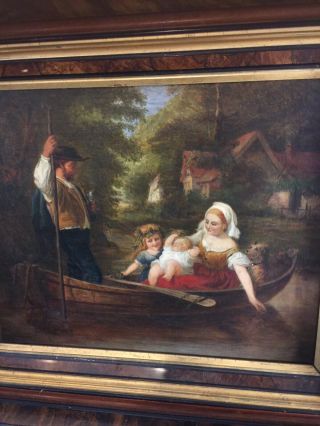 Antique European Canvas Oil Painting Mother Children Dog In Wooden Boat On River
