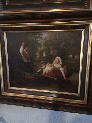 Antique European Canvas Oil Painting Mother Children Dog In Wooden Boat On River 2