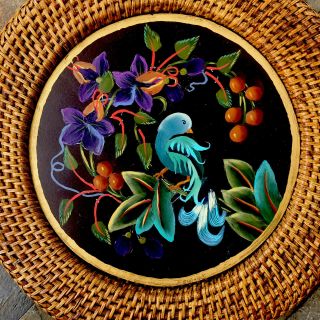 Vintage Wood Floral Round Peacock Design Wall Plaque Decor Hand Painted Tropical