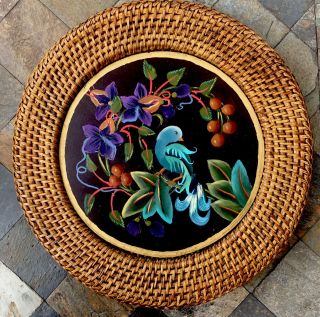 Vintage Wood Floral Round Peacock Design Wall Plaque Decor Hand Painted Tropical 2