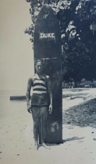 Vintage Young Duke Kahanamoku Surfing Wood Surfboard Hawaii Photograph 1900s
